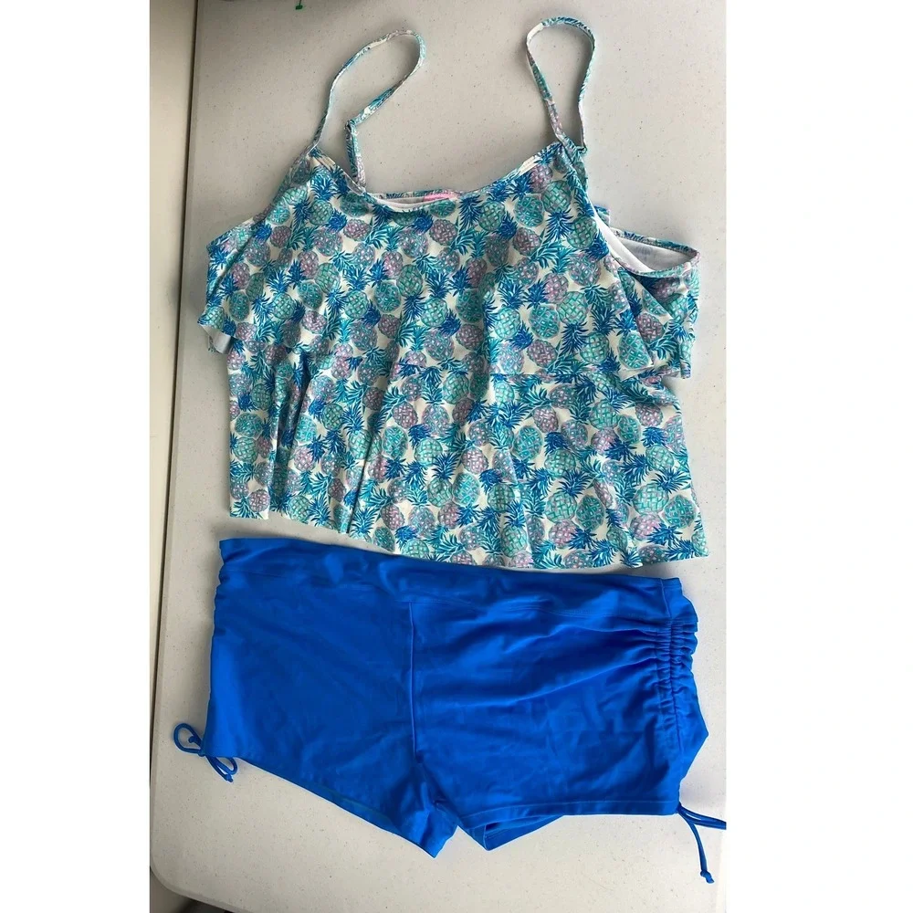 Simply Southern Tiered Tankini Swimsuit Top Blue‎ Pineapple Print Shorts Set XXL